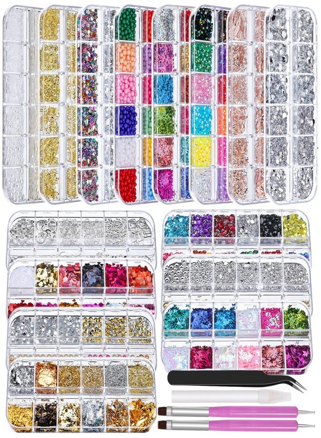editTime 15 Boxes Nail Rhinestones Gems Kit,Gold/Silver Metal Studs,Mixed Sizes Flatback Crystals Rhinestones,Half Pearls,Sequins,Foil Flakes with Tweezers & Dotting Tools for DIY Manicure - Image 1